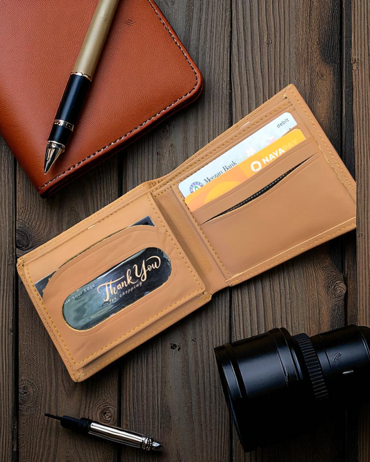 Caramel Plain Texture Leather Wallet – 2 Cash Pockets & 10 Card Slots (Latest Collection)