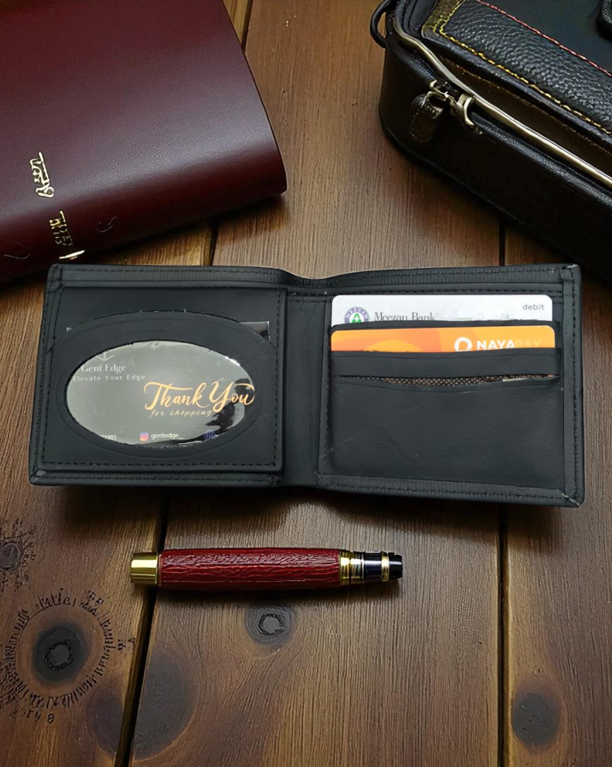 Black Plain Texture Leather Wallet – 2 Cash Pockets & 10 Card Slots (Latest Collection)