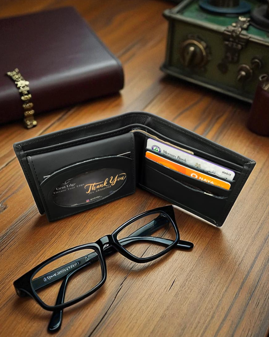 Black Plain Texture Leather Wallet – 2 Cash Pockets & 10 Card Slots (Latest Collection)