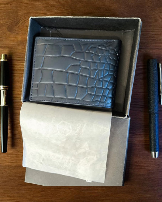 Blue Crocodile-Texture Leather Wallet – 2 Cash Pockets & 10 Card Slots (Latest Collection)