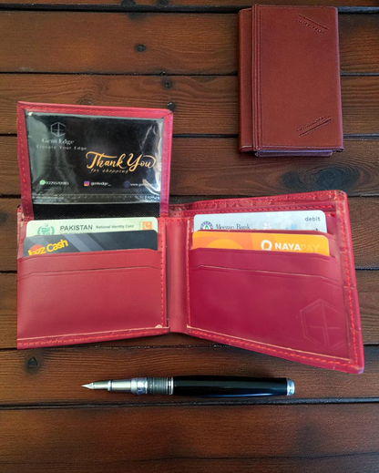 Red Crocodile-Texture Leather Wallet – 2 Cash Pockets & 10 Card Slots (Latest Collection)