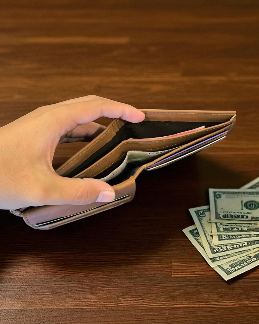 Caramel Plain Texture Leather Wallet – 2 Cash Pockets & 10 Card Slots (Latest Collection)