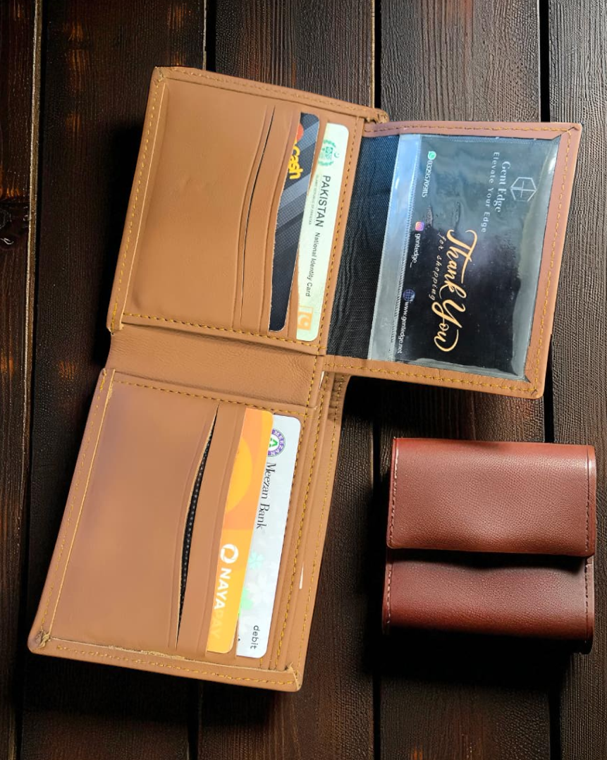 Caramel Plain Texture Leather Wallet – 2 Cash Pockets & 10 Card Slots (Latest Collection)