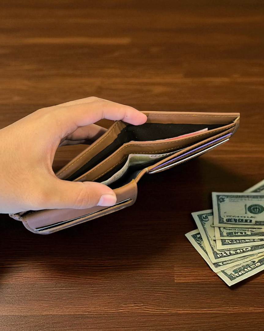 Caramel Plain Texture Leather Wallet – 2 Cash Pockets & 10 Card Slots (Latest Collection)