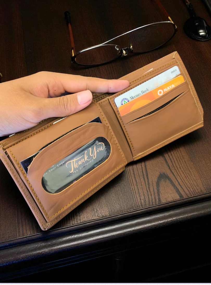 Caramel Plain Texture Leather Wallet – 2 Cash Pockets & 10 Card Slots (Latest Collection)