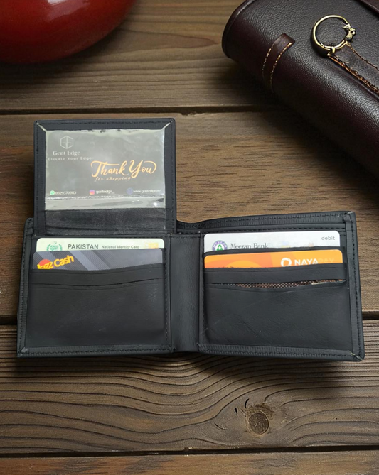 Black Plain Texture Leather Wallet – 2 Cash Pockets & 10 Card Slots (Latest Collection)