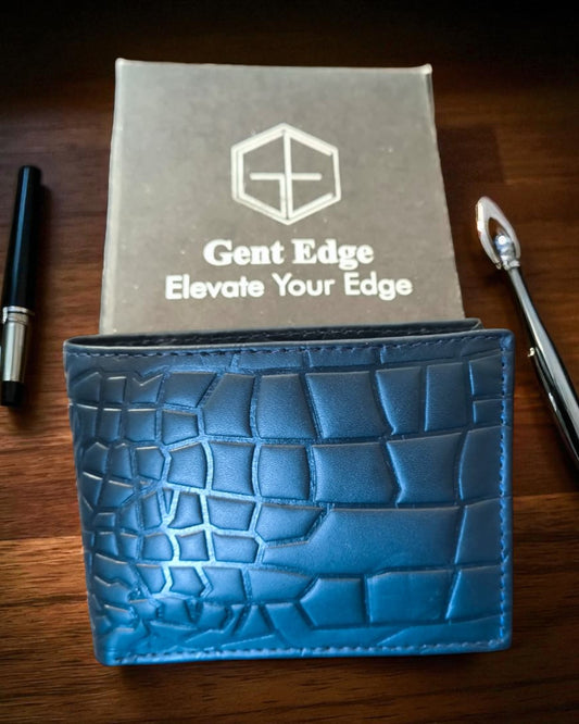 Blue Crocodile-Texture Leather Wallet – 2 Cash Pockets & 10 Card Slots (Latest Collection)